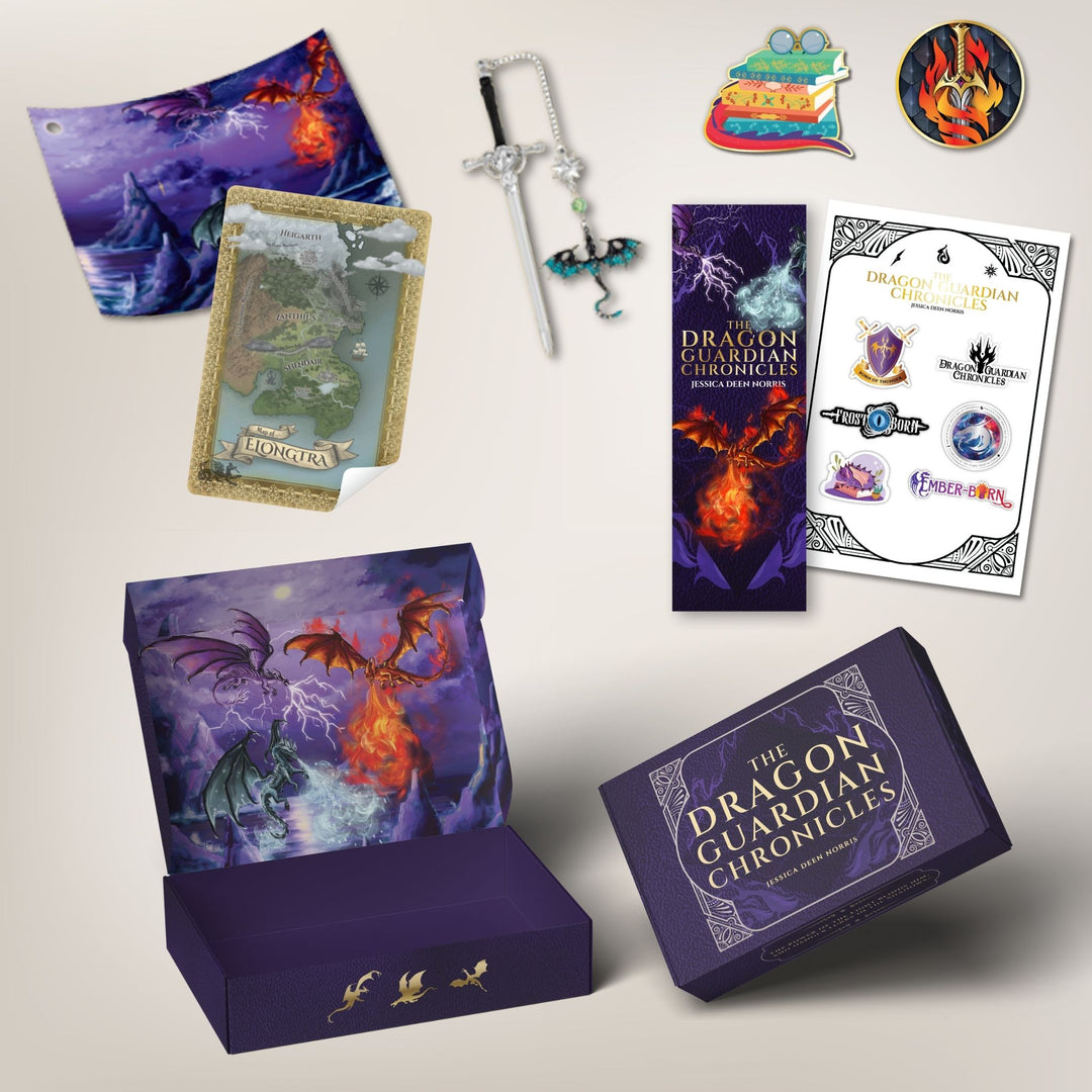 The swag includes a matching collectorās box with interior artwork of three dragons battling in a stormy sky, an art print of the same design, an illustrated map print, a sword-shaped bookmark with a small dragon charm, a foiled bookmark, sticker sheet, and two colorful enamel pins.