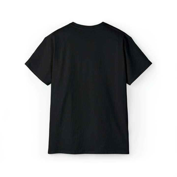 Back of a black short sleeve t-shirt. There is no design on the back of the shirt.