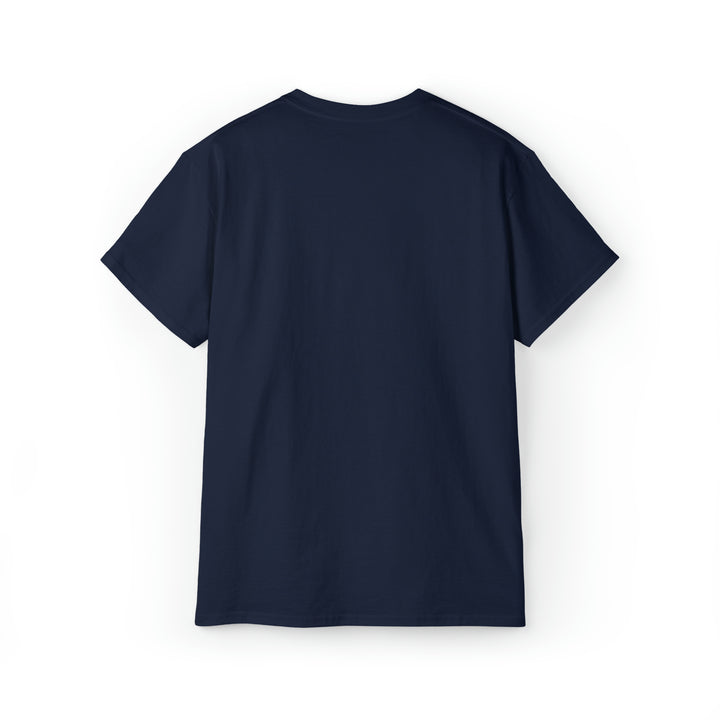 Back of a navy short sleeve t-shirt. There is no design on the back of the shirt.