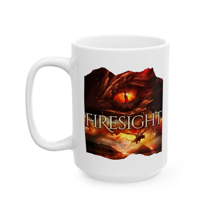 Front view of white mug. Design on the mug is the cover of Firesight, just showing the red dragon eye and the title with the two main characters riding on a dragon over a volcano erupting.