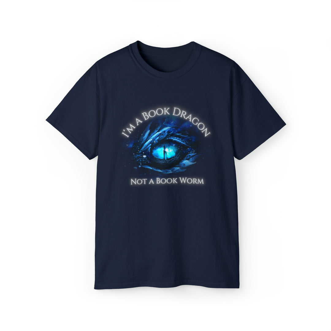 A short sleeve navy t-shirt. Design on the shirt reads "I'm a book dragon not a book worm." Between the text is the blue dragon eye from the cover of Frostsight.