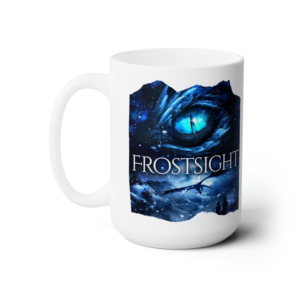 A white mug. Design on the tote bag is the cover of Frostsight, just showing the blue dragon eye and the title with the two main characters watching the dragon in the snowy mountain landscape.