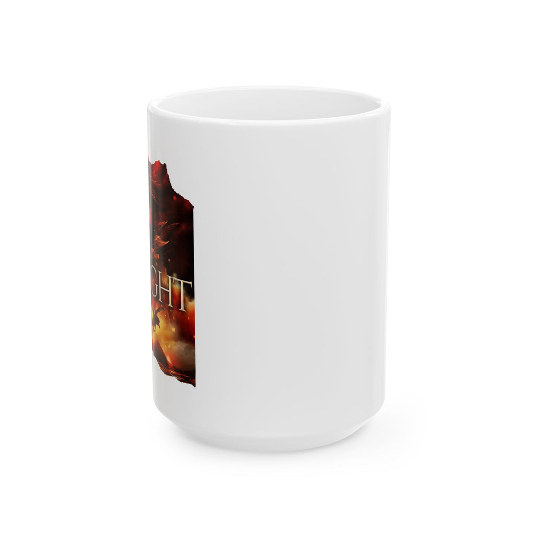 Side view of white mug. Design on the mug is the cover of Firesight, just showing the red dragon eye and the title with the two main characters riding on a dragon over a volcano erupting.