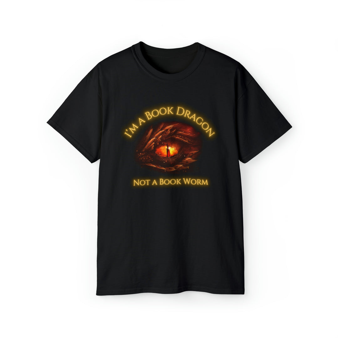 A short sleeve black t-shirt. Design on the shirt reads "I'm a book dragon not a book worm." Between the text is the red dragon eye from the cover of Firesight.