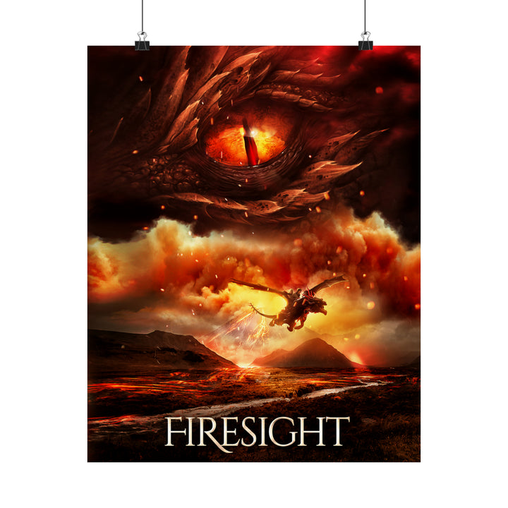 A poster featuring the artwork from the cover of Firesight. Artwork features a red dragon eye at the top. Below the eye, the two main characters ride on a dragon over a volcano erupting. The title is at the bottom of the poster.