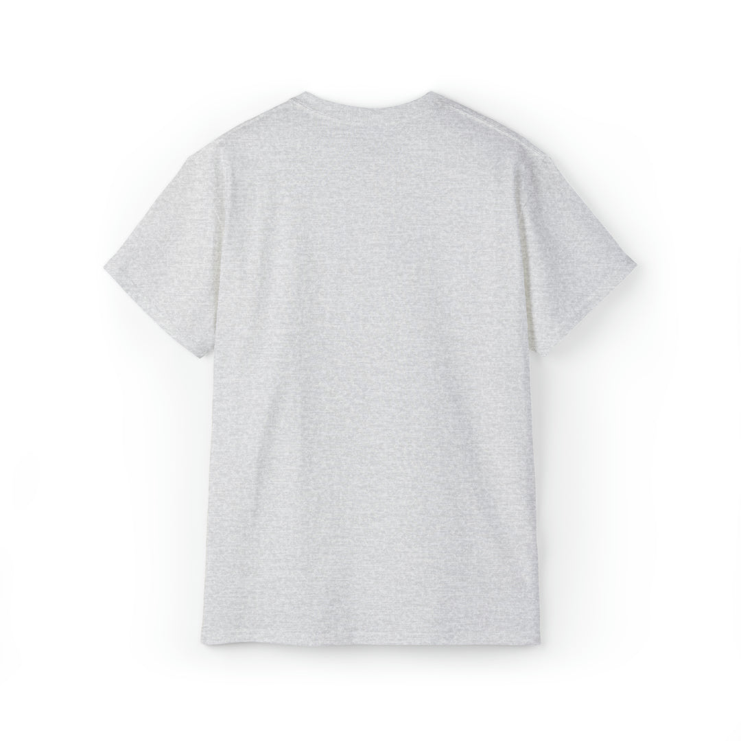 Back of a heather gray short sleeve t-shirt. There is no design on the back of the shirt.