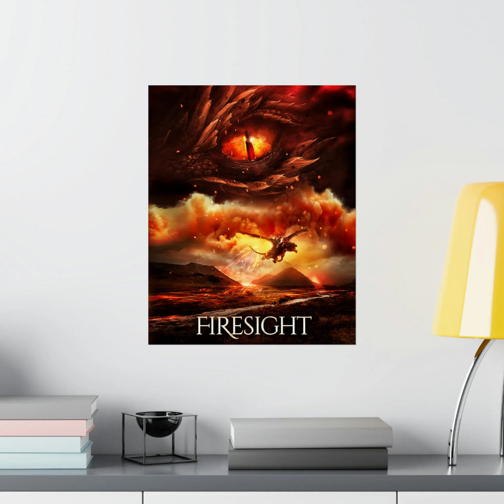 A poster hanging on a wall featuring the artwork from the cover of Firesight. Artwork features a red dragon eye at the top. Below the eye, the two main characters ride on a dragon over a volcano erupting. The title is at the bottom of the poster.