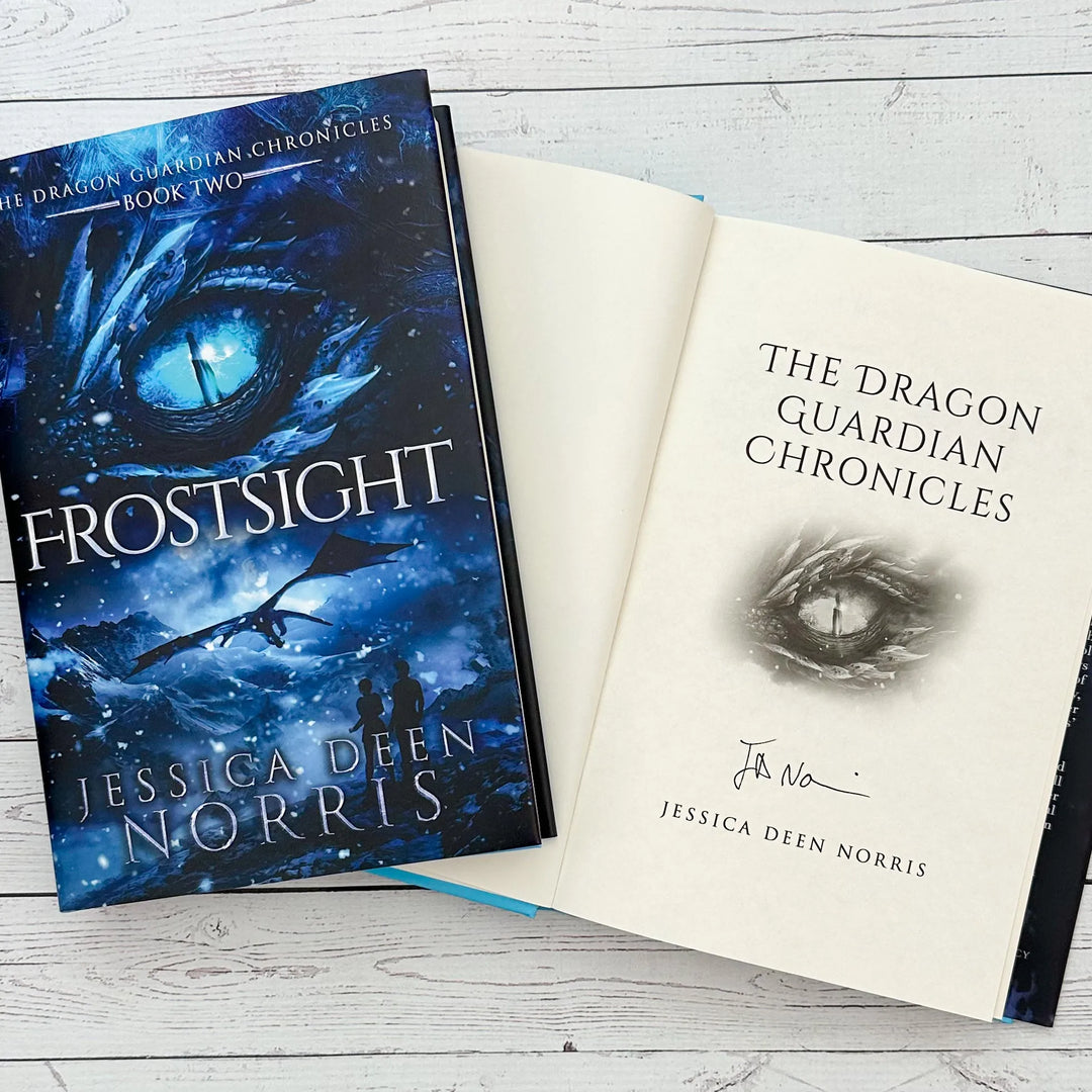 Frostsight book cover and another copy open to the title page with the author's signature#autograph-option_signed-by-author