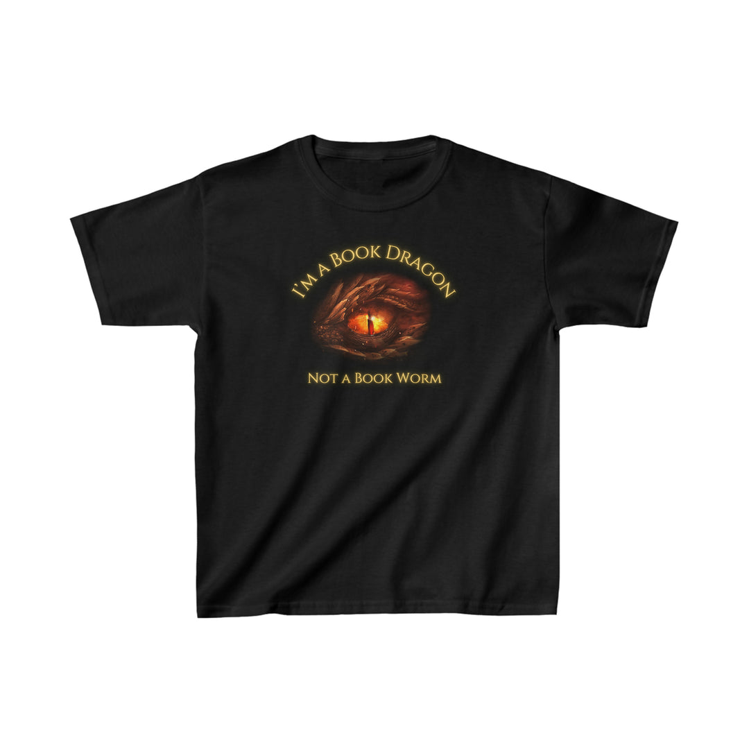 A short sleeve black t-shirt. Design on the shirt reads "I'm a book dragon not a book worm." Between the text is the red dragon eye from the cover of Firesight.