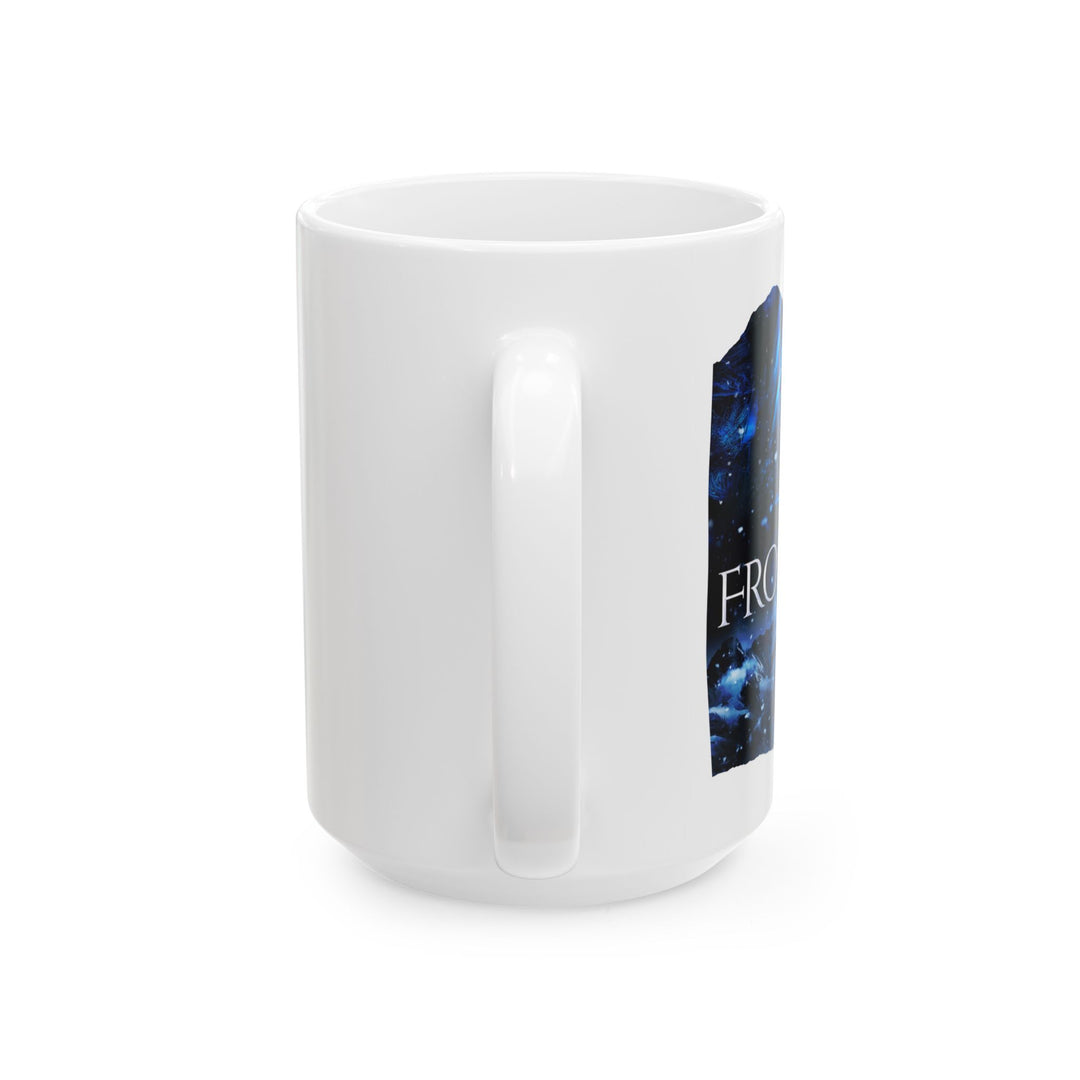 Side view of a white mug. Design on the mug is the cover of Frostsight, just showing the blue dragon eye and the title with the two main characters watching the dragon in the snowy mountain landscape.