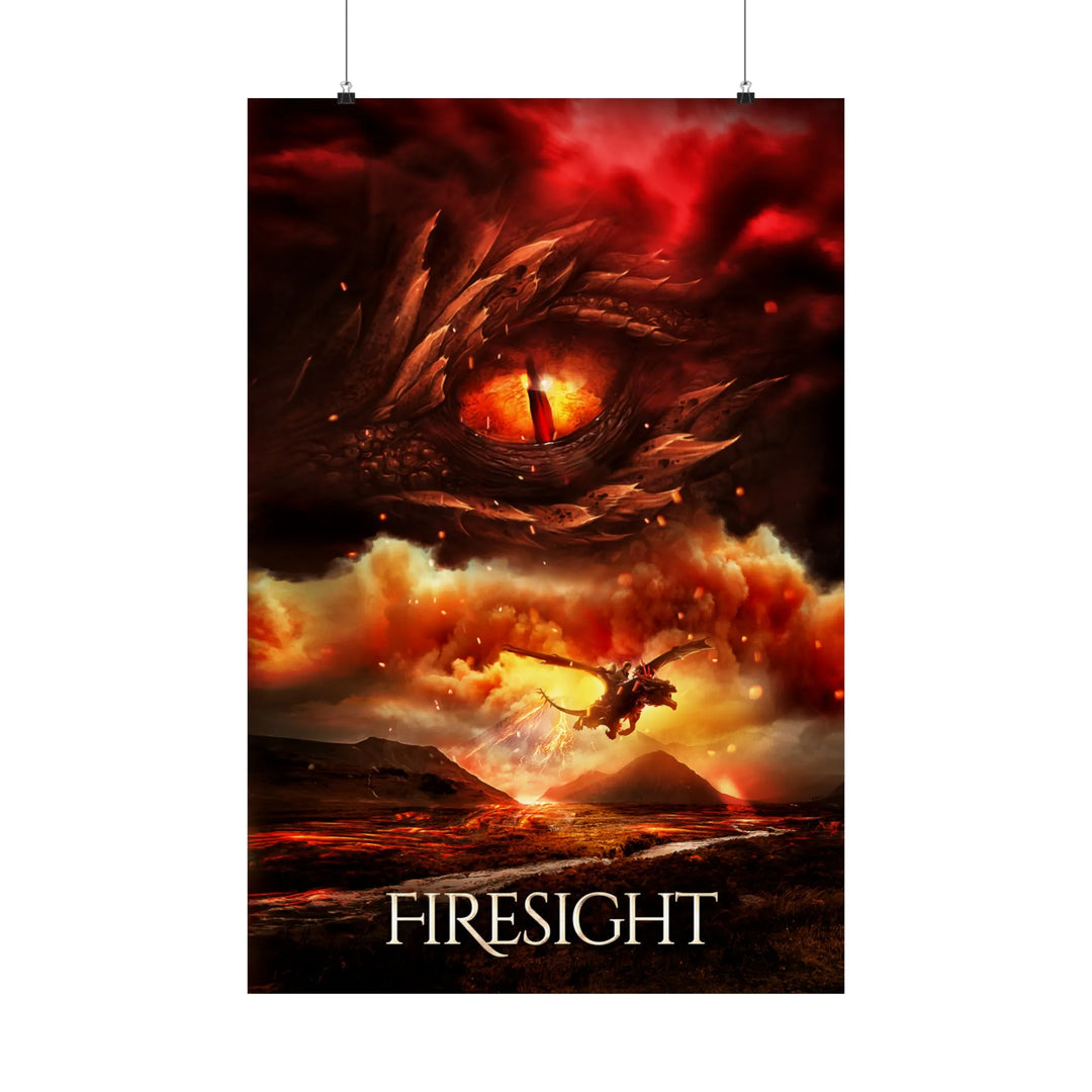 A poster featuring the artwork from the cover of Firesight. Artwork features a red dragon eye at the top. Below the eye, the two main characters ride on a dragon over a volcano erupting. The title is at the bottom of the poster.