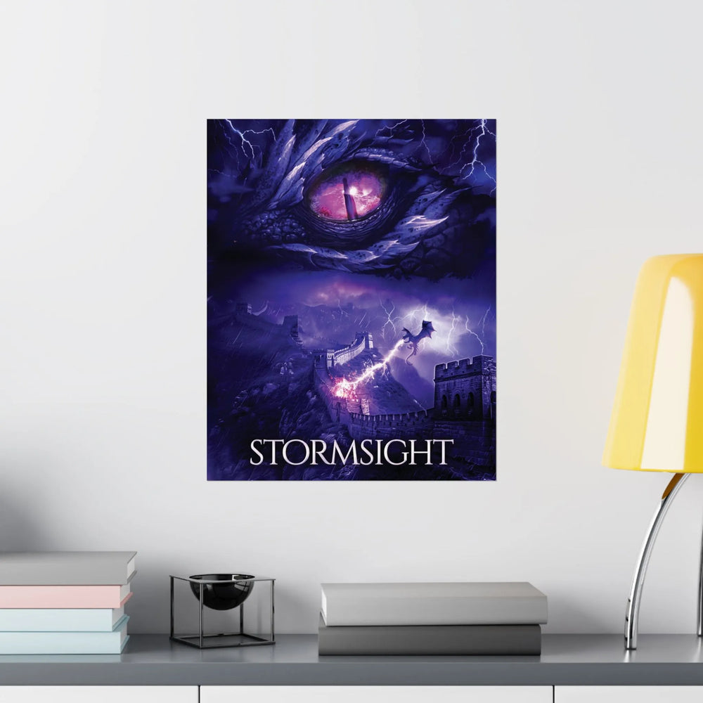 A poster featuring the artwork from the cover of Stormsight. Artwork features a purple dragon eye at the top. Below the eye, a dragon breathes lightning onto a wall. The title is at the bottom of the notebook cover.
