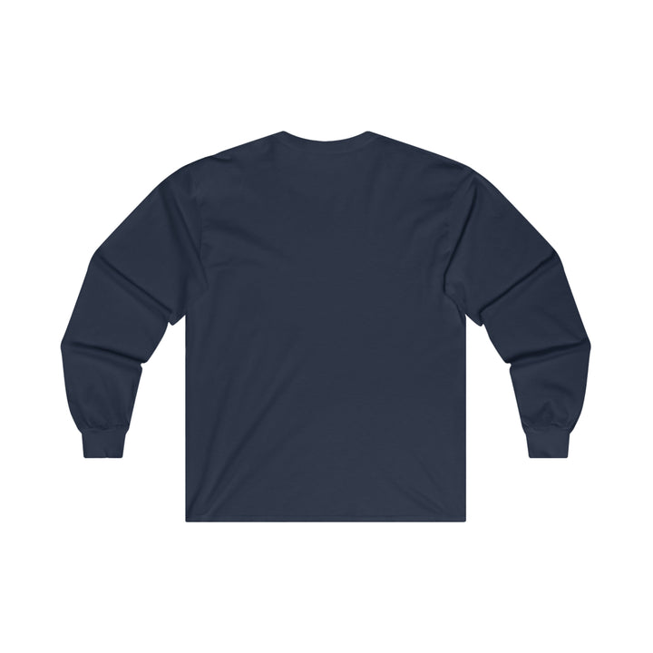 Back of a navy long sleeve t-shirt. There is no design on the back of the shirt.
