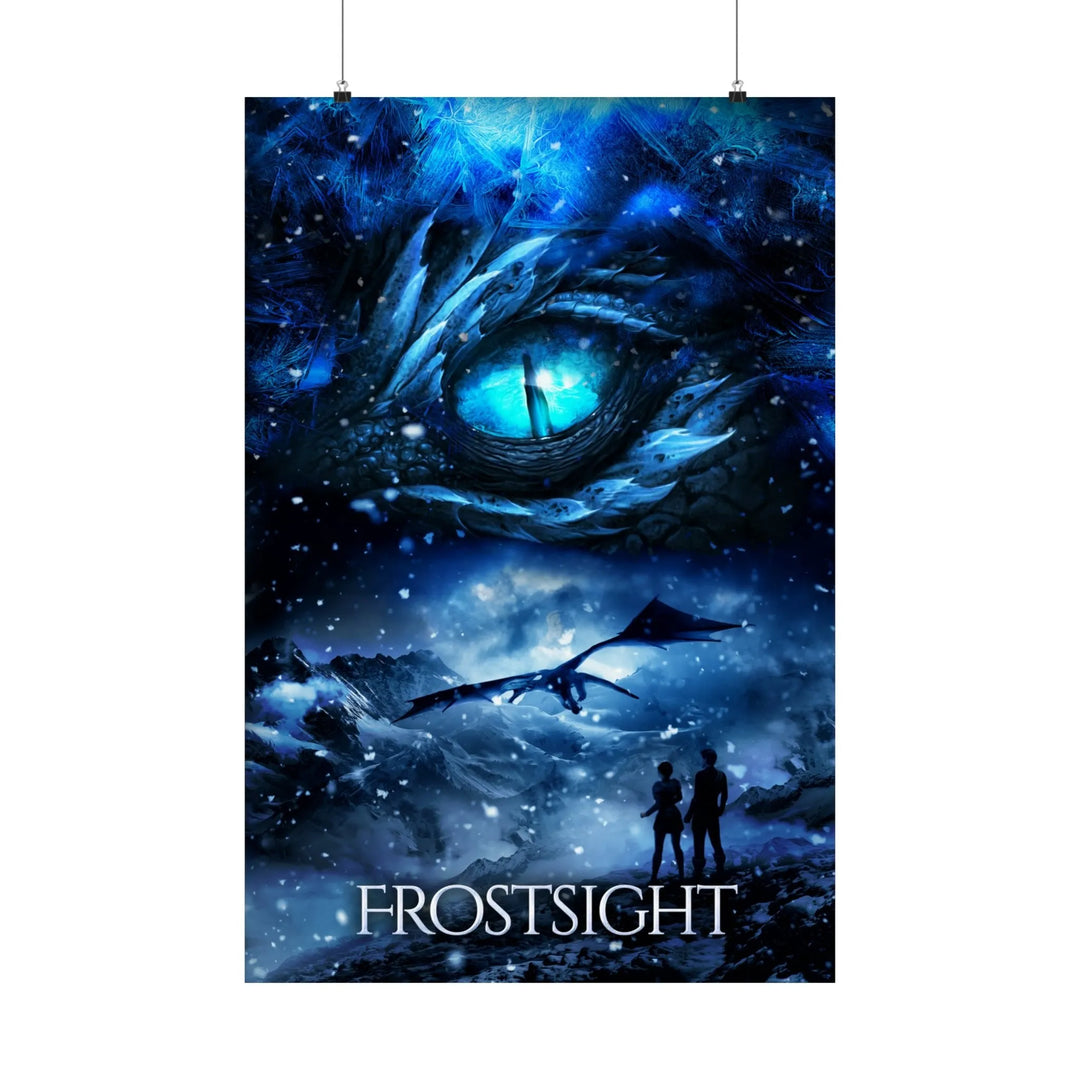 A poster featuring the artwork from the cover of Frostsight. Artwork features a blue dragon eye at the top. Below the eye, the two main characters watch a dragon in the distance in a snowy mountain landscape. The title is at the bottom of the poster.