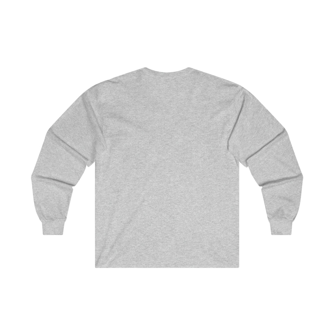 Back of a heather gray long sleeve t-shirt. There is no design on the back of the shirt.