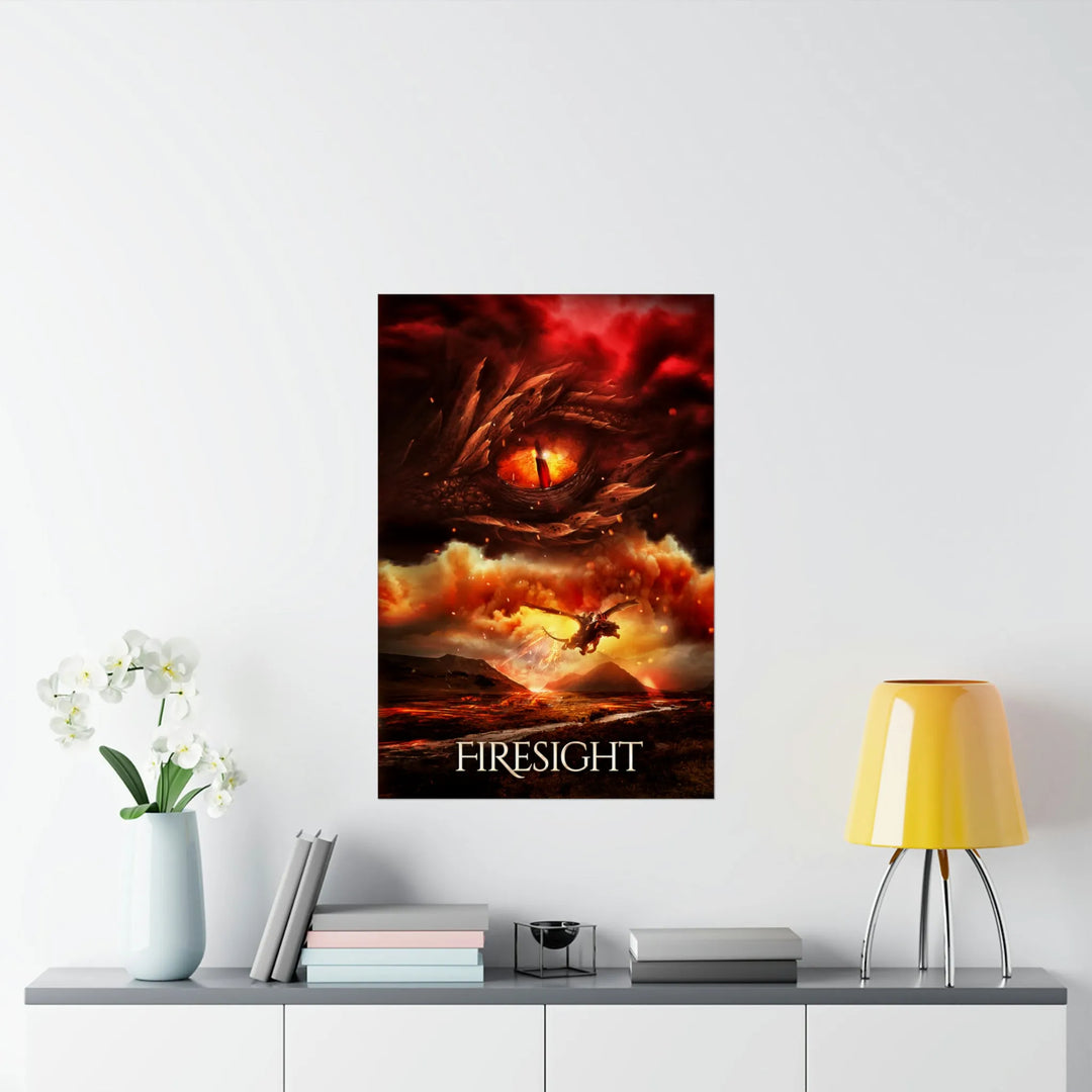 A poster hanging on a wall featuring the artwork from the cover of Firesight. Artwork features a red dragon eye at the top. Below the eye, the two main characters ride on a dragon over a volcano erupting. The title is at the bottom of the poster.