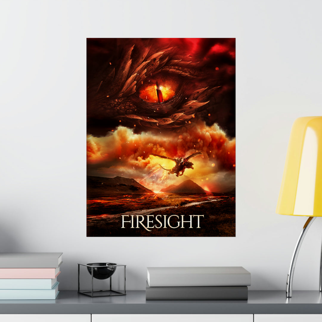 A poster hanging on a wall featuring the artwork from the cover of Firesight. Artwork features a red dragon eye at the top. Below the eye, the two main characters ride on a dragon over a volcano erupting. The title is at the bottom of the poster.
