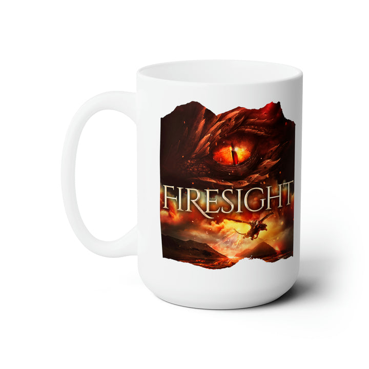 A white mug. Design on the mug is the cover of Firesight, just showing the red dragon eye and the title with the two main characters riding on a dragon over a volcano erupting.