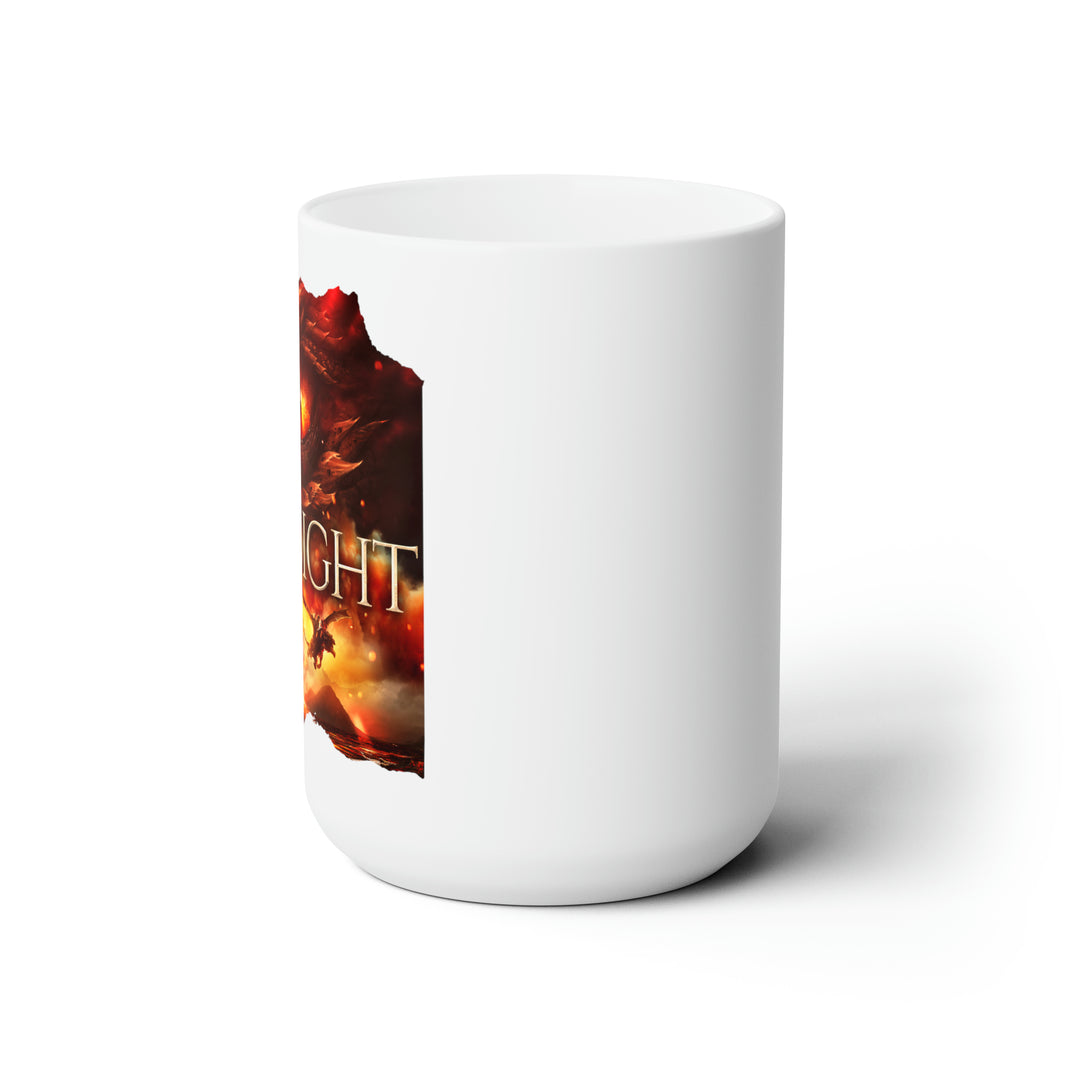 Side view of a white mug. Design on the mug is the cover of Firesight, just showing the red dragon eye and the title with the two main characters riding on a dragon over a volcano erupting.