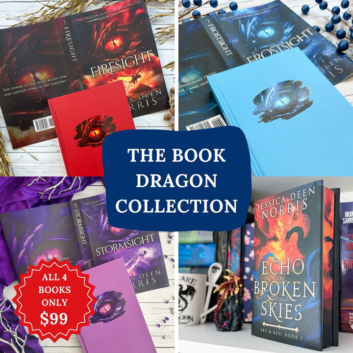 A promotional collage for The Book Dragon Collection featuring four fantasy book covers: Firesight, Frostsight, Stormsight, and Echo of Broken Skies, with a large blue central label reading &