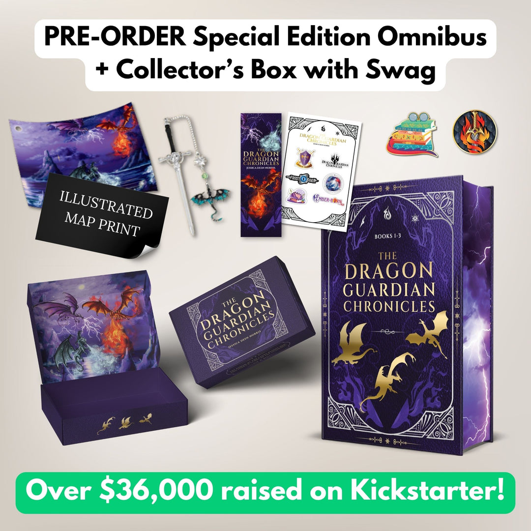 Pre-order special edition omnibus plus collector's box with swag. Over $36,000 raised on Kickstarter. The display includes a large purple hardcover book with gold dragon silhouettes and ornate border designs, a matching collector’s box with interior artwork of three dragons battling in a stormy sky, an art print of the same design, an illustrated map print, a sword-shaped bookmark with a small dragon charm, a foiled bookmark, sticker sheet, and two colorful enamel pins.