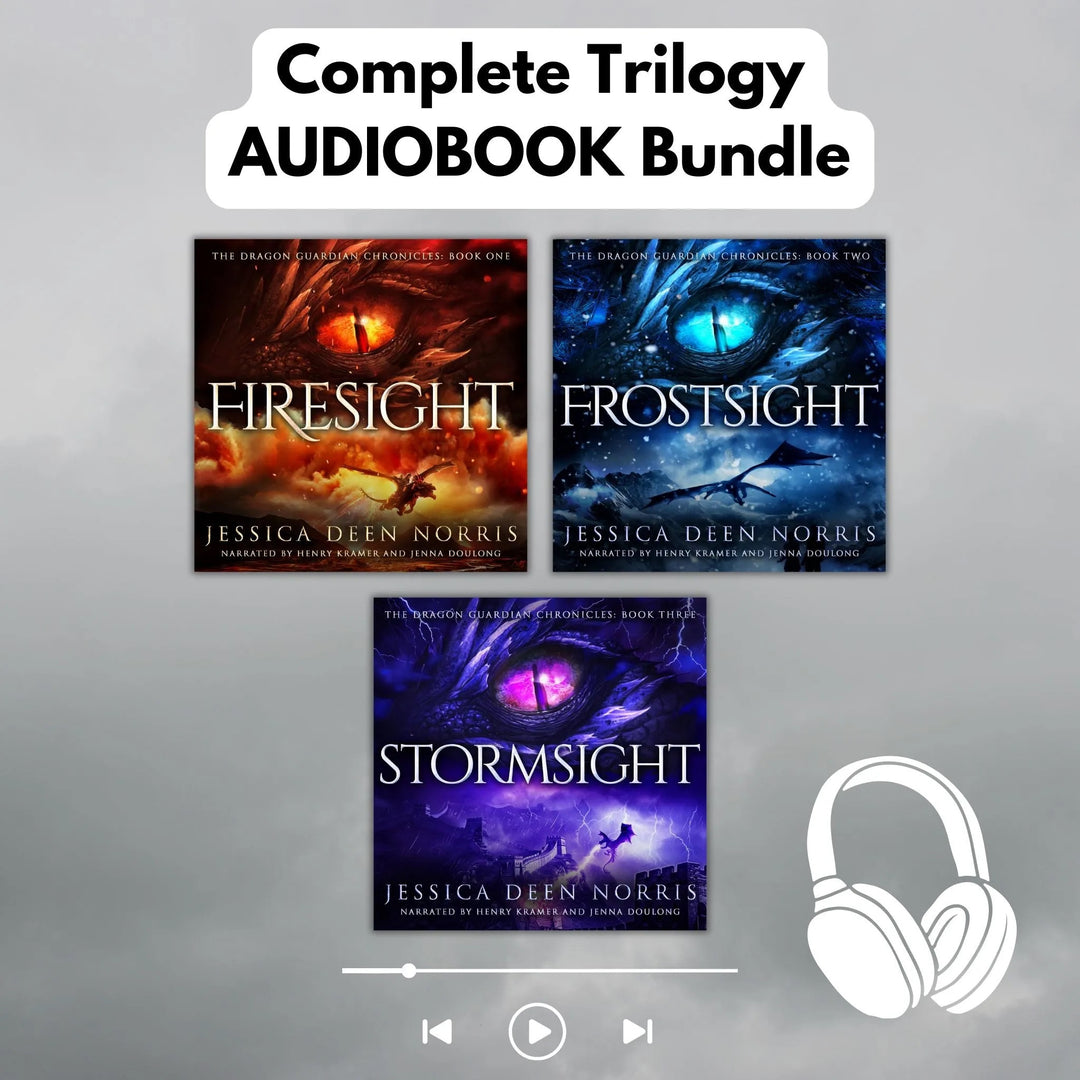 Complete trilogy bundle in audiobook format - Firesight, Frostsight, and Stormsight, Books 1-3 of the Dragon Guardian Chronicles, written by Jessica Deen Norris and narrated by Henry Kramer and Jenna Doulong
