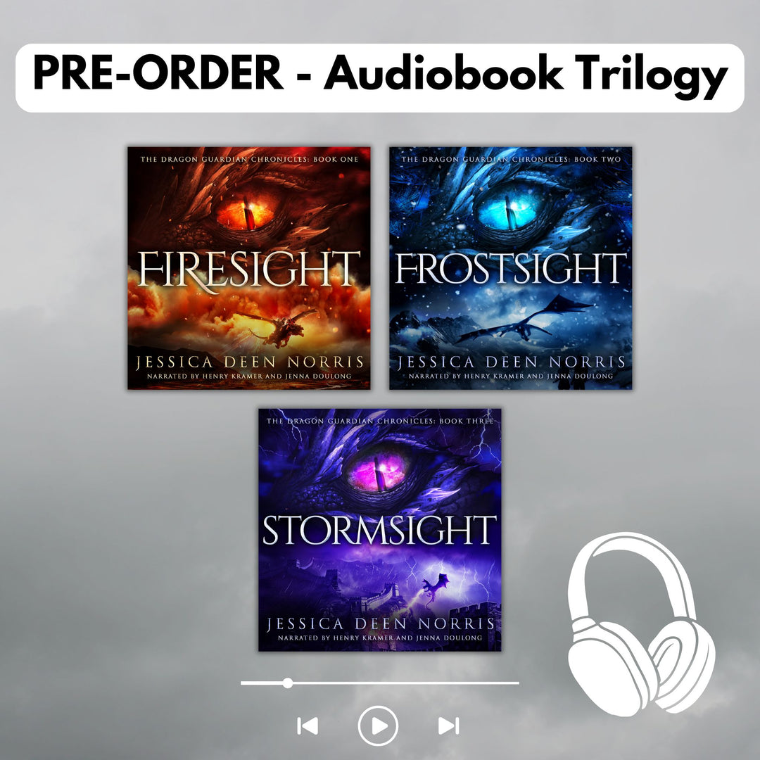 Pre-Order - Complete trilogy in audiobook format - Firesight, Frostsight, and Stormsight, Books 1-3 of the Dragon Guardian Chronicles, written by Jessica Deen Norris and narrated by Henry Kramer and Jenna Doulong