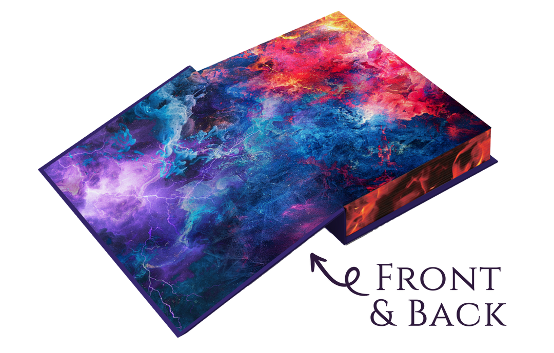 Purple lightning, blue swirling frost, and red swirling flames create an abstract pattern for the front and back endpapers