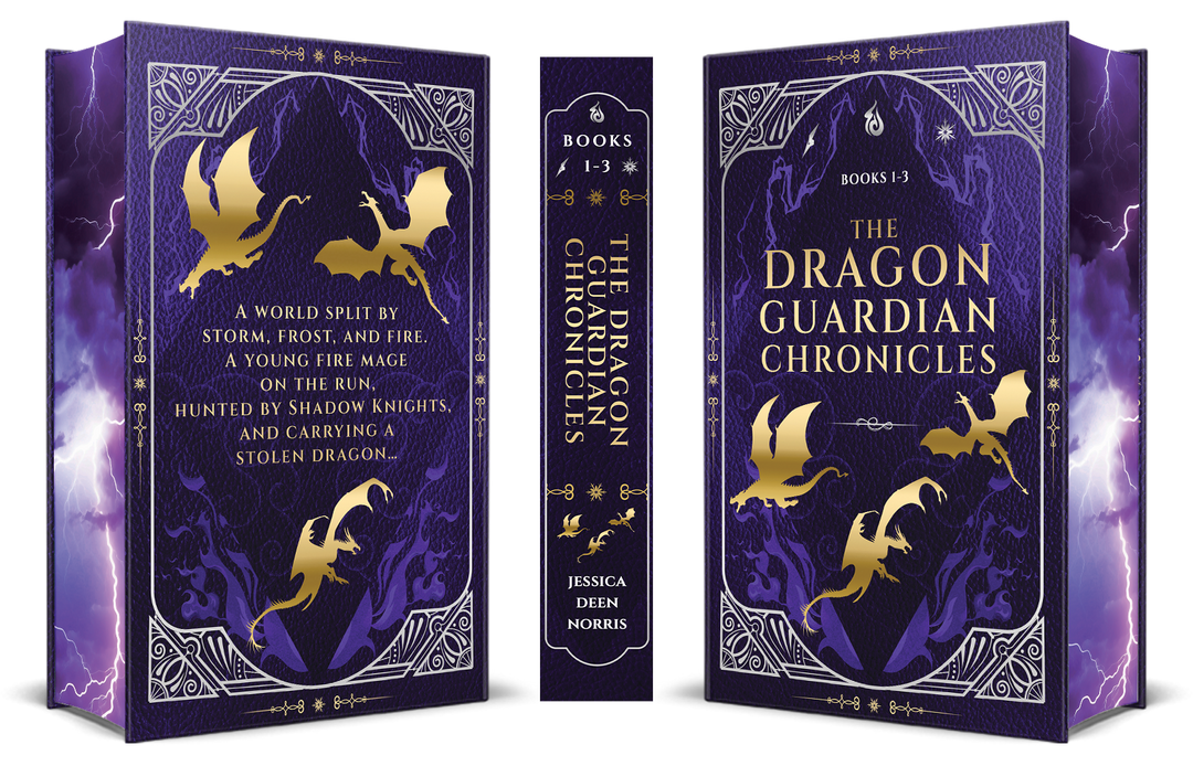 Book set titled 'The Dragon Guardian Chronicles' with purple and gold design. The back reads "A world split by storm, frost, and fire. A young mage on the run, hunted by Shadow Knights, and carrying a stolen dragon..."