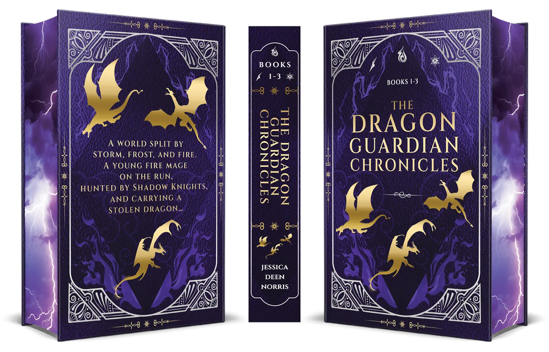 Three views of a fantasy book set: the front cover, spine, and back cover of 'The Dragon Guardian Chronicles' by Jessica Deen Norris. The books feature a deep purple background with gold dragon illustrations and white decorative borders.