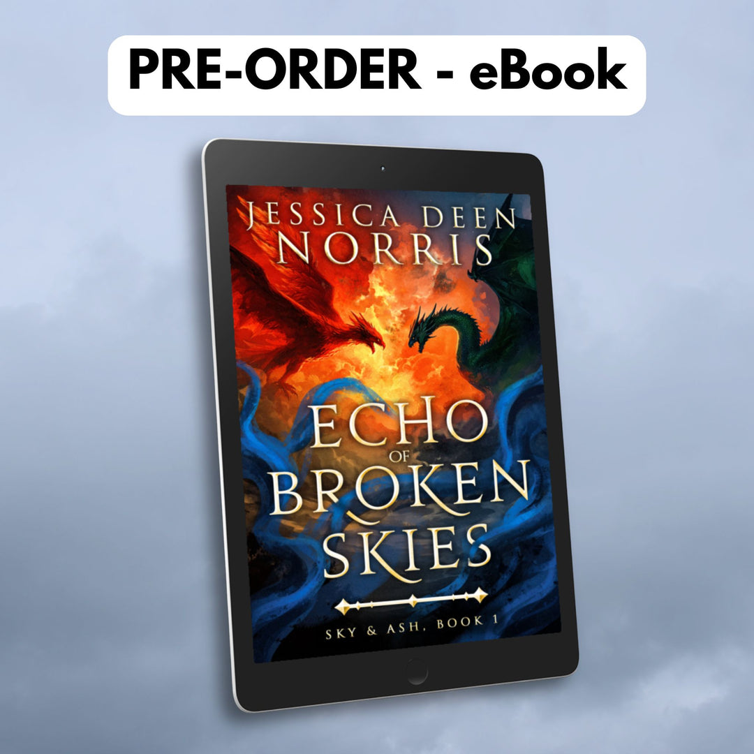 Pre-Order - Ebook - Echo of Broken Skies by Jessica Deen Norris - Cover features the author's name at the top in large serif font. The central artwork depicts a dramatic sky divided by swirling clouds of fire. On the left, a red phoenix with outstretched wings flies toward a dark green dragon on the right, both poised as if mid-battle. Blue, smoky tendrils swirl around the bottom half of the image. The title is centered in bold, metallic gold, with "Sky & Ash, Book 1" below a decorative gold divider.