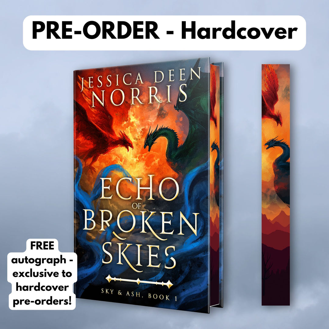 Pre-Order - Hardcover - Echo of Broken Skies by Jessica Deen Norris - Cover features the author's name at the top. The artwork depicts a sky divided by swirling clouds of fire. On the left, a red phoenix with outstretched wings flies toward a dark green dragon on the right, both poised as if mid-battle. Blue, smoky tendrils swirl around the bottom of the image. The title is centered in metallic gold, with Sky & Ash, Book 1 below a decorative gold divider. Sprayed edges feature the dragon and phoenix.