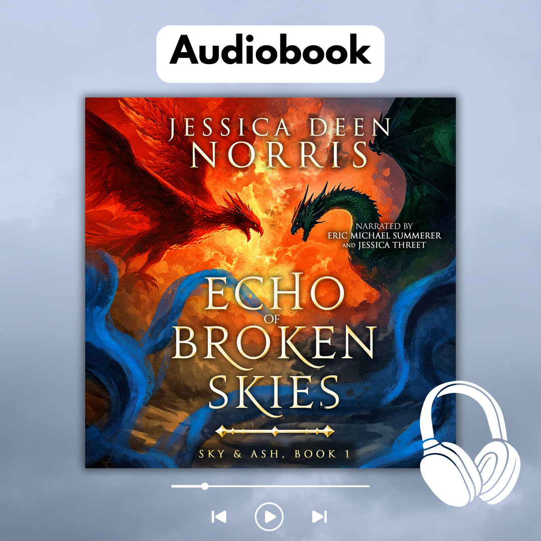 Audiobook - Echo of Broken Skies by Jessica Deen Norris - Narrated by Eric Michael Summerer and Jessica Threet - Cover features the author's name at the top. The artwork depicts a sky divided by swirling clouds of fire. On the left, a red phoenix with outstretched wings flies toward a dark green dragon on the right, both poised as if mid-battle. Blue, smoky tendrils swirl around the bottom. The title is centered in metallic gold, with Sky & Ash, Book 1 below a gold divider.