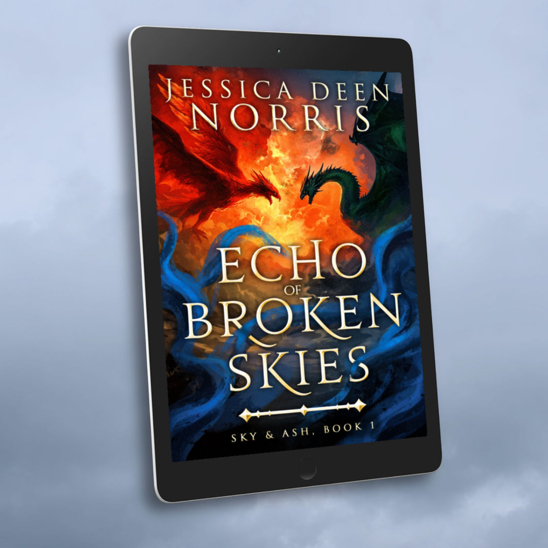 Ebook - Echo of Broken Skies by Jessica Deen Norris - Cover features the author's name at the top in large serif font. The central artwork depicts a dramatic sky divided by swirling clouds of fire. On the left, a red phoenix with outstretched wings flies toward a dark green dragon on the right, both poised as if mid-battle. Blue, smoky tendrils swirl around the bottom half of the image. The title is centered in bold, metallic gold, with "Sky & Ash, Book 1" below a decorative gold divider.