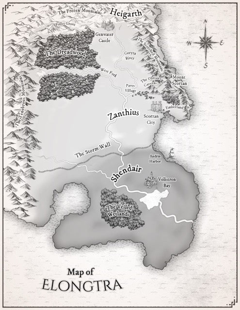 A black & white map of Elongtra. To the north is Heigarth, marked by The Frozen Mountains, The Dreadwood forest, and Genwater Castle near a winding river. East lies Mount Scorzan, part of a rugged range extending south. The central region, Zanthius, features The Storm Wall barrier and Scorzan City. The south is dominated by Shendair with The Veiled Wetlands, and the eastern coastline meets Volistron Bay.