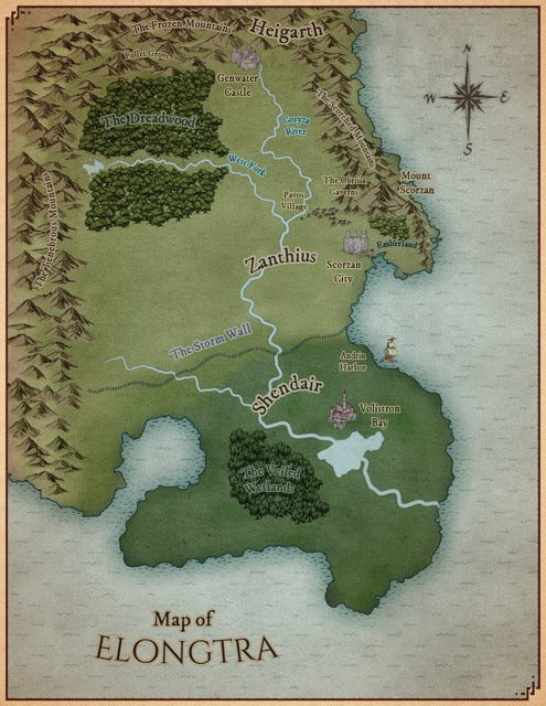 A full color map of Elongtra. To the north is Heigarth, marked by The Frozen Mountains, The Dreadwood forest, and Genwater Castle near a winding river. East lies Mount Scorzan, part of a rugged range extending south. The central region, Zanthius, features The Storm Wall barrier and Scorzan City. The south is dominated by Shendair with The Veiled Wetlands, and the eastern coastline meets Volistron Bay.