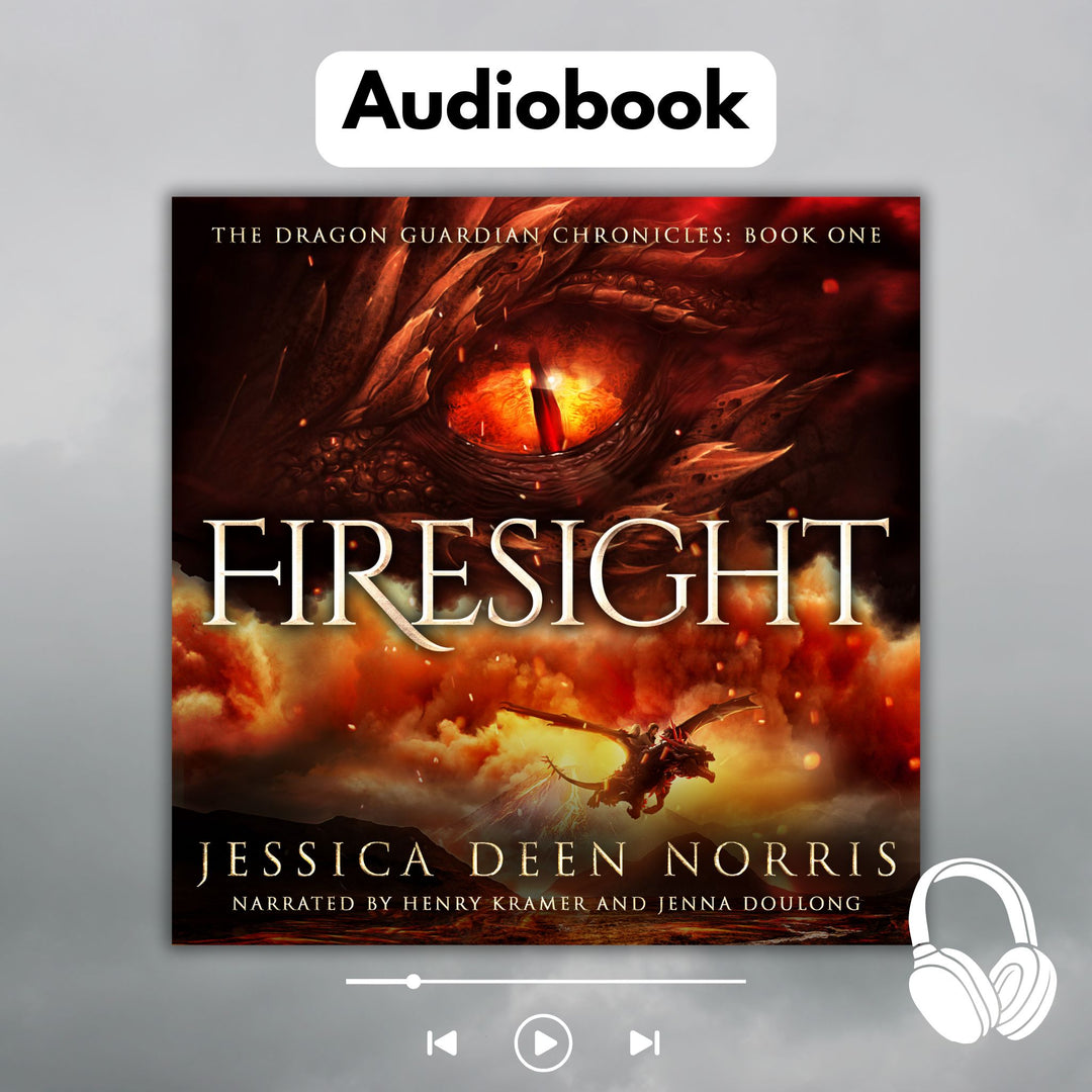 Audiobook - Firesight by Jessica Deen Norris - Narrated by Henry Kramer and Jenna Doulong. Cover features the title across the middle with a red dragon eye and "The Dragon Guardian Chronicles Book 1" above it. Below the title, the two main characters ride on a dragon over a volcano erupting. The author's name is at the bottom of the cover.