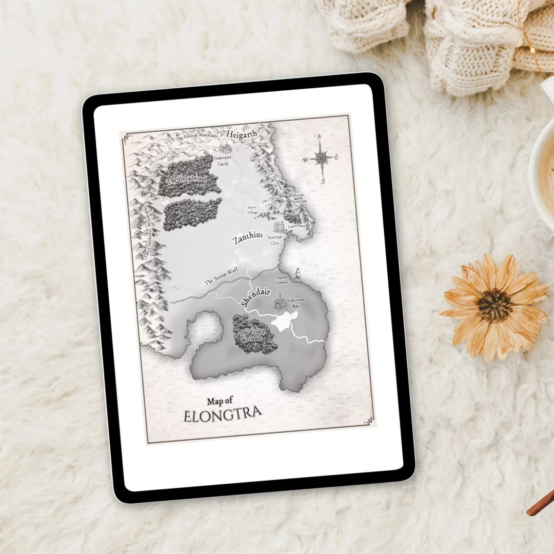 Firesight ebook opened to the map of Elongtra