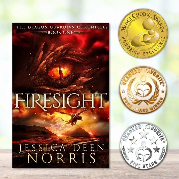 Firesight book cover next to two award medals - Mom's Choice Award, Readers' Favorite Gold Medal, and Readers' Favorite Five Stars Review. Cover features the title across the middle with a red dragon eye and "The Dragon Guardian Chronicles Book 1" above it. Below the title, the two main characters ride on a dragon over a volcano erupting. The author's name is at the bottom of the cover.#autograph-option_signed-by-author