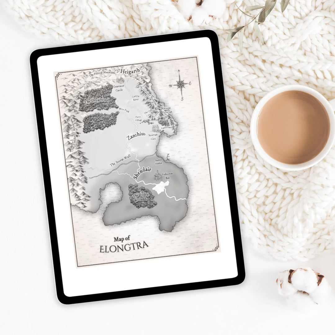 Frostsight ebook opened to the map of Elongtra