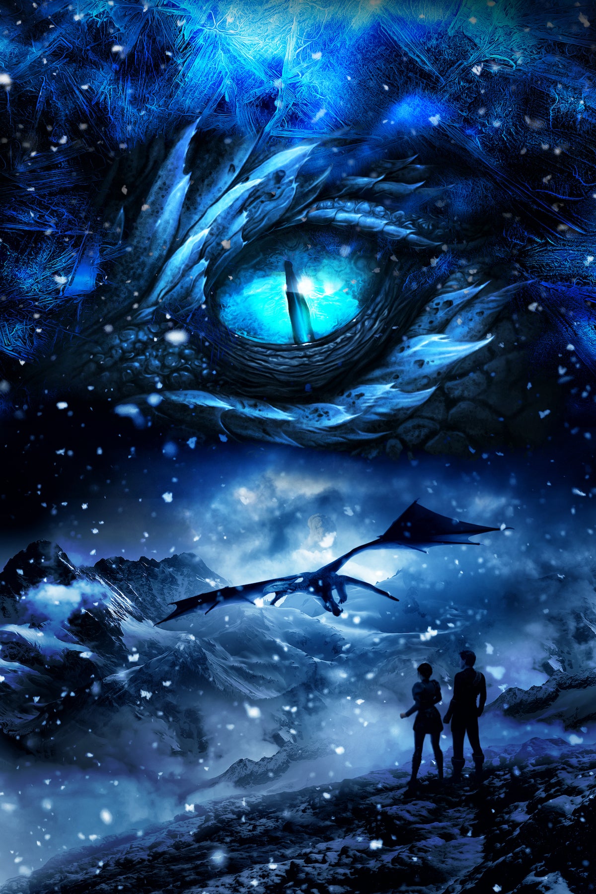 The artwork from the cover of Frostsight. Artwork features a blue dragon eye at the top. Below the eye, the two main characters watch a dragon in the distance in a snowy mountain landscape.
