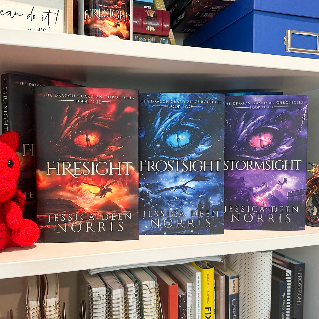 Firesight, Frostsight, and Stormsight hardcovers shown on the bookshelf