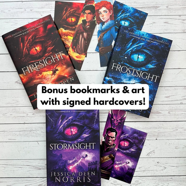 Signed hardcovers come with bonus bookmarks featuring Tiber, Luci, and Emperor Skardin and bonus cover art postcards