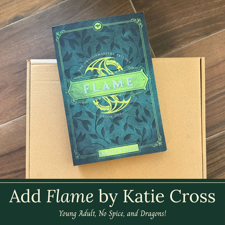 Flame by Katie Cross, book one of the Dragonmasters Trilogy, displayed on a Delivered by Dragon shipping box. Young adult, no spice, and dragons.