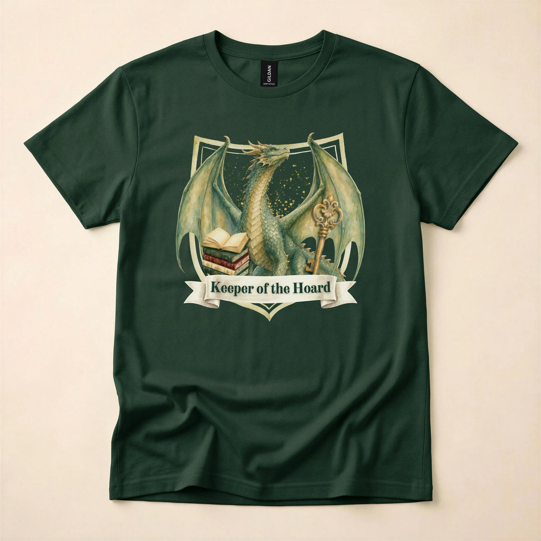 Dark green shirt with a Keeper of the Hoard design featuring a dragon, a stack of books, and a key