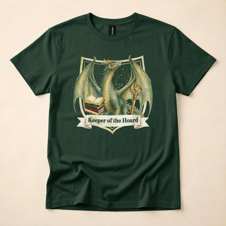Dark green shirt with a Keeper of the Hoard design featuring a dragon, a stack of books, and a key