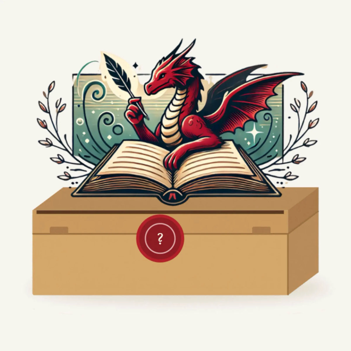 Graphic of red dragon with a quill and book on top of a box with a red seal