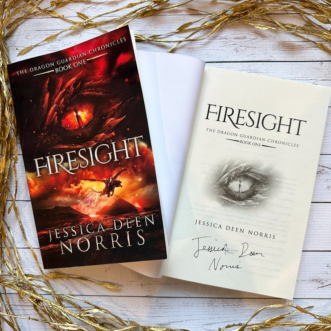 Firesight book cover and another copy open to the title page with the author's signature#autograph-option_signed-by-author