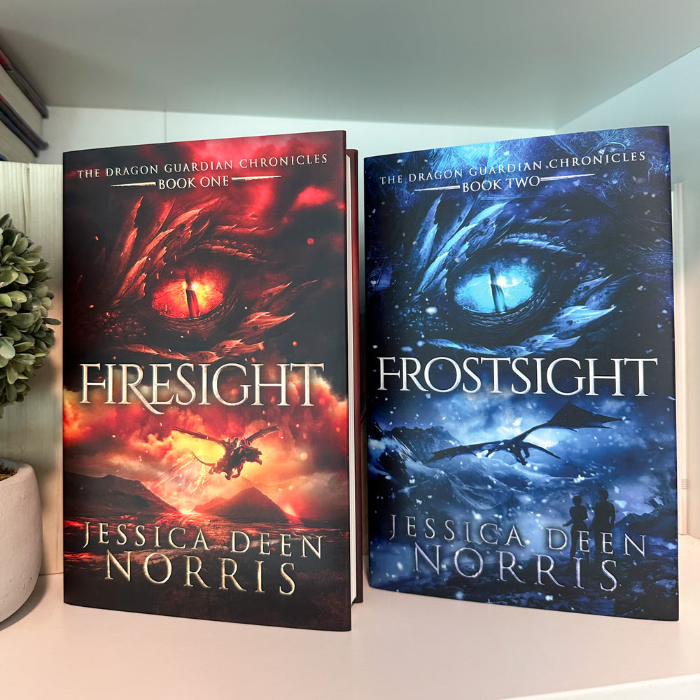 Firesight & Frostsight hardcovers shown on a bookshelf