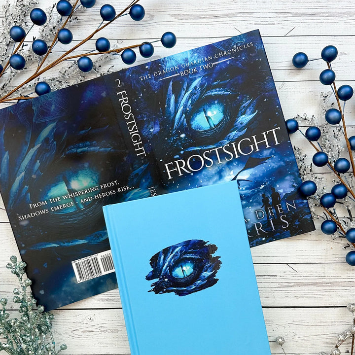 Frostsight full dust jacket shone with the book underneath (which is solid blue featuring a blue dragon eye). Cover features the title across the middle with a blue dragon eye and "The Dragon Guardian Chronicles Book 2" above it. Below the title, the two main characters watch a dragon in the distance in a snowy mountain landscape. The author's name is at the bottom of the cover. The back of the cover says "From the whispering frost, shadows emerge - and heroes rise..."